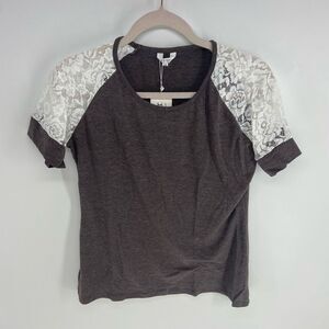 Meaneor Women's Gray Lace Raglan Short Sleeve Casual T-Shirt NWT